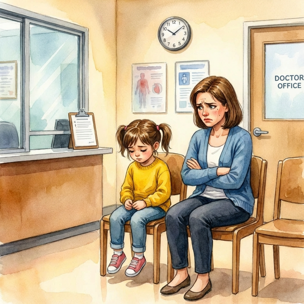 A watercolor illustration of a worried woman and a sad young girl sitting in a doctor's office waiting room.