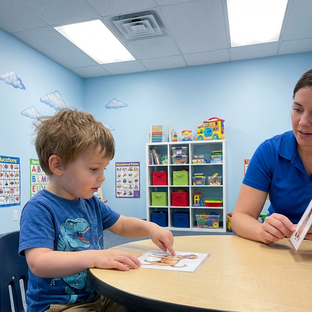 Child and adult looking at animal picture cards in a classroom.