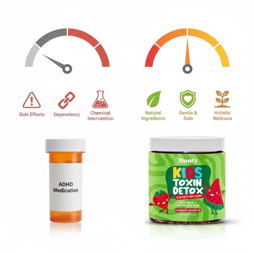 Two jars: ADHD medication bottle and 'Kids Toxin Detox' with icons and gauges above.