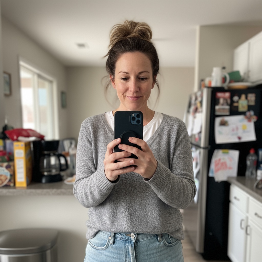 Person taking a selfie in a kitchen with a smartphone.