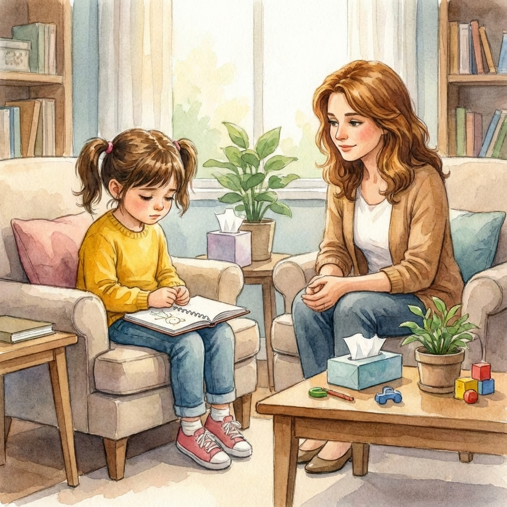 A watercolor illustration of a woman watching a young girl as she draws in a notebook.