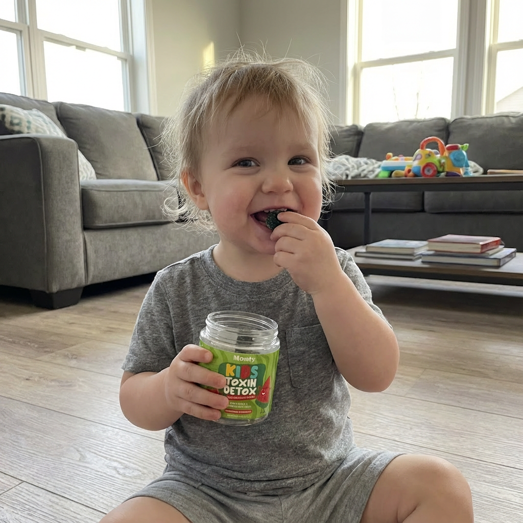 Toddler sitting on floor holding a jar and eating from it.
