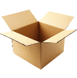 An empty, brown cardboard box with the top flaps open, shown against a transparent background.