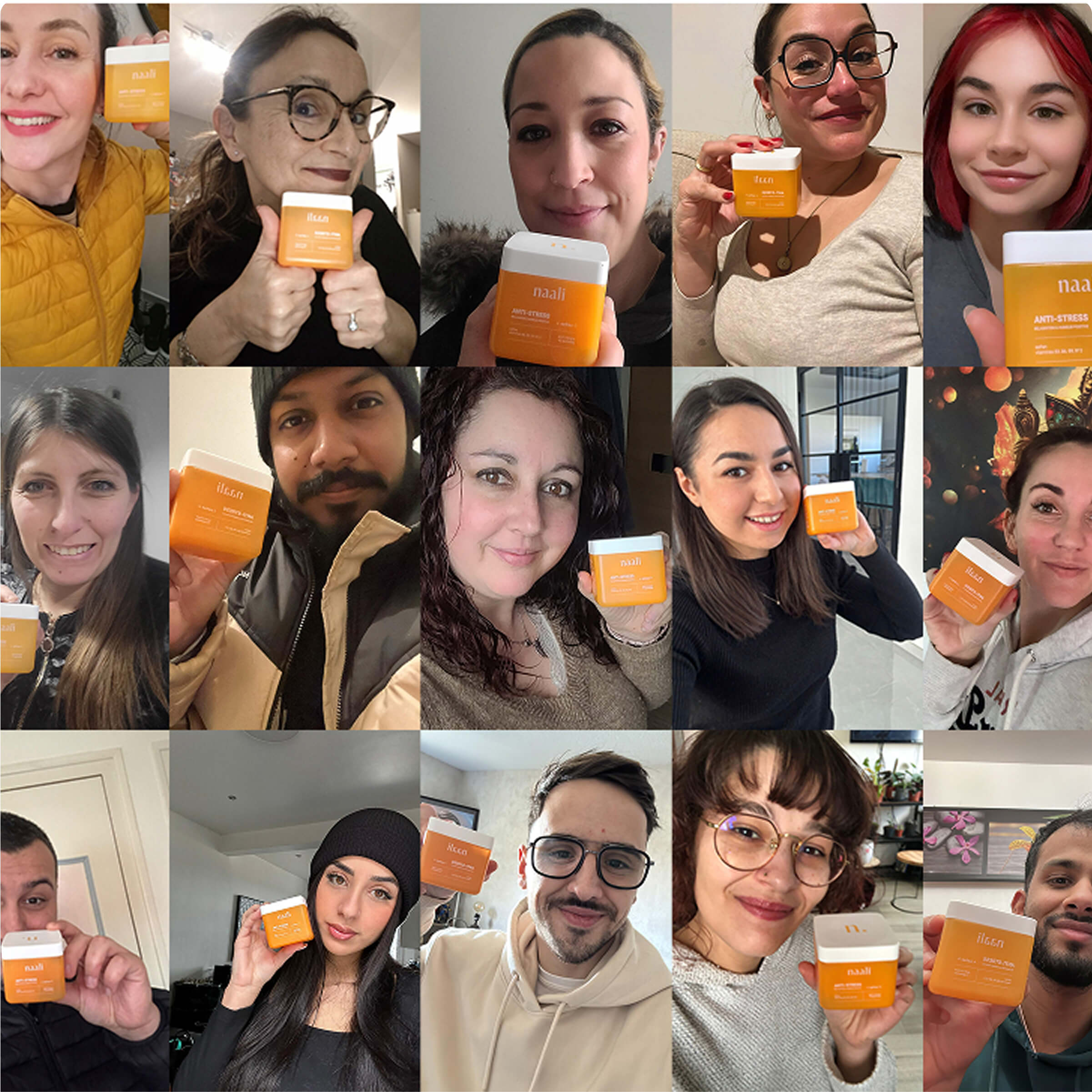 People holding orange skincare product boxes, smiling at the camera in a collage.