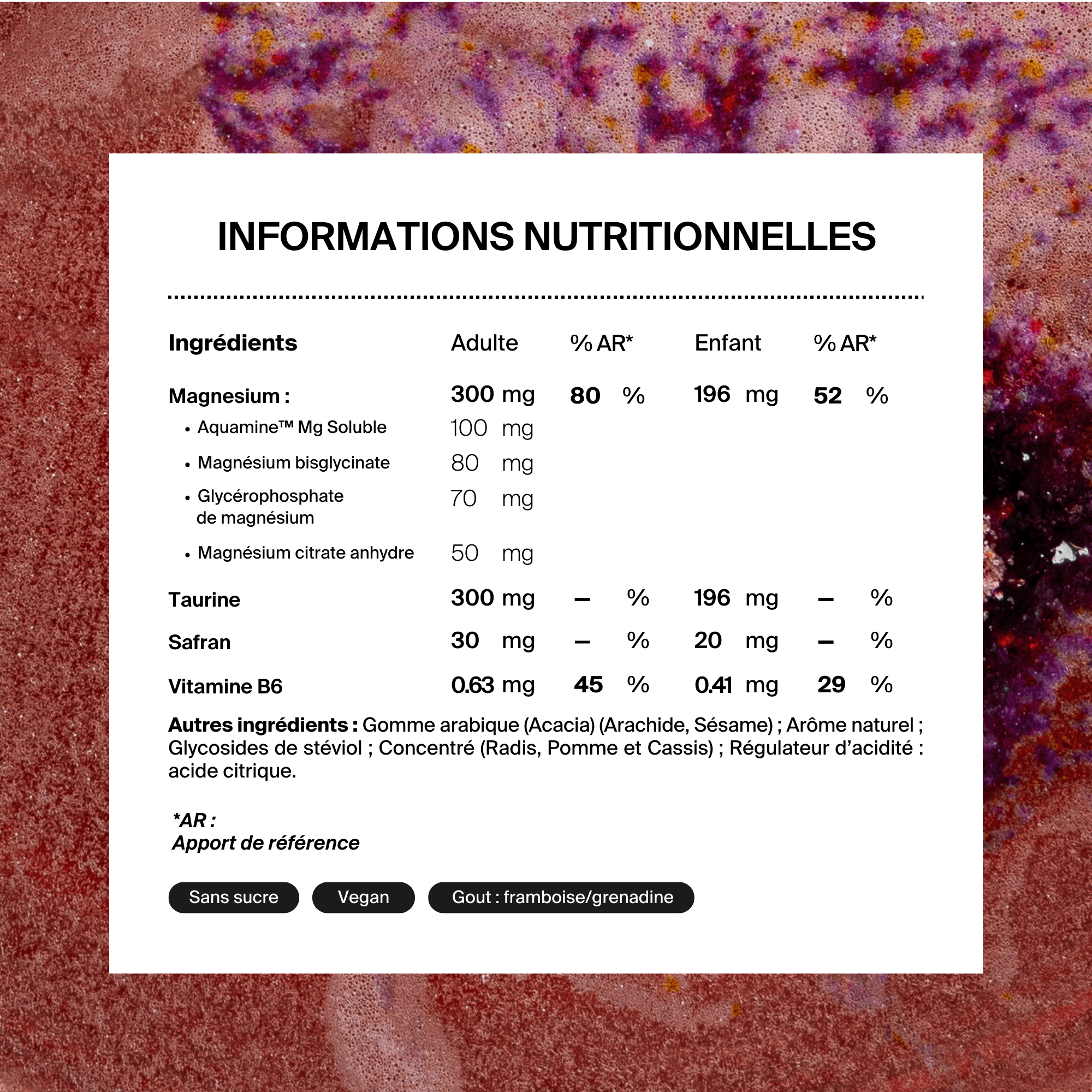 A nutritional information label in French for a supplement, showing ingredients and recommended dosages for adults and children.