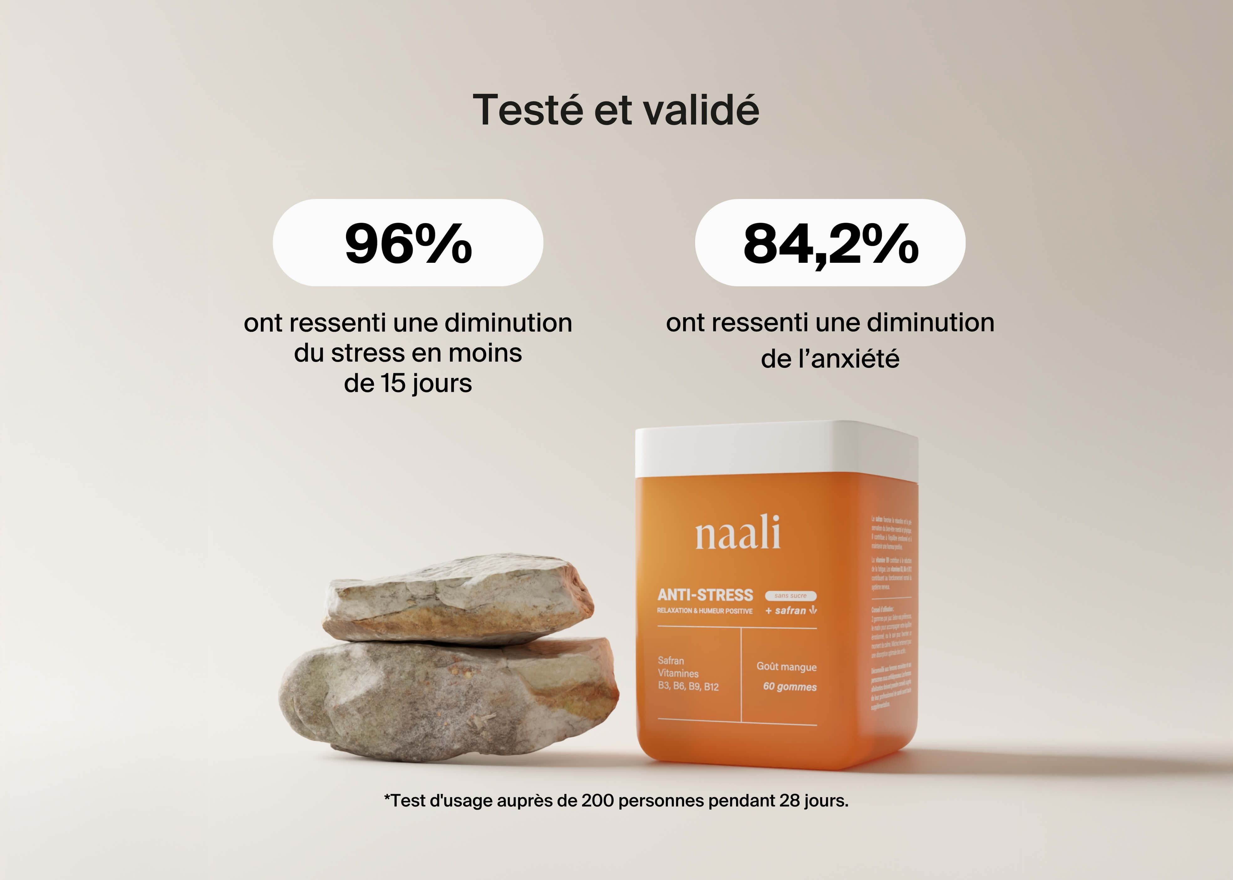 Orange container labeled 'naali' anti-stress product with stones and percentage statistics.
