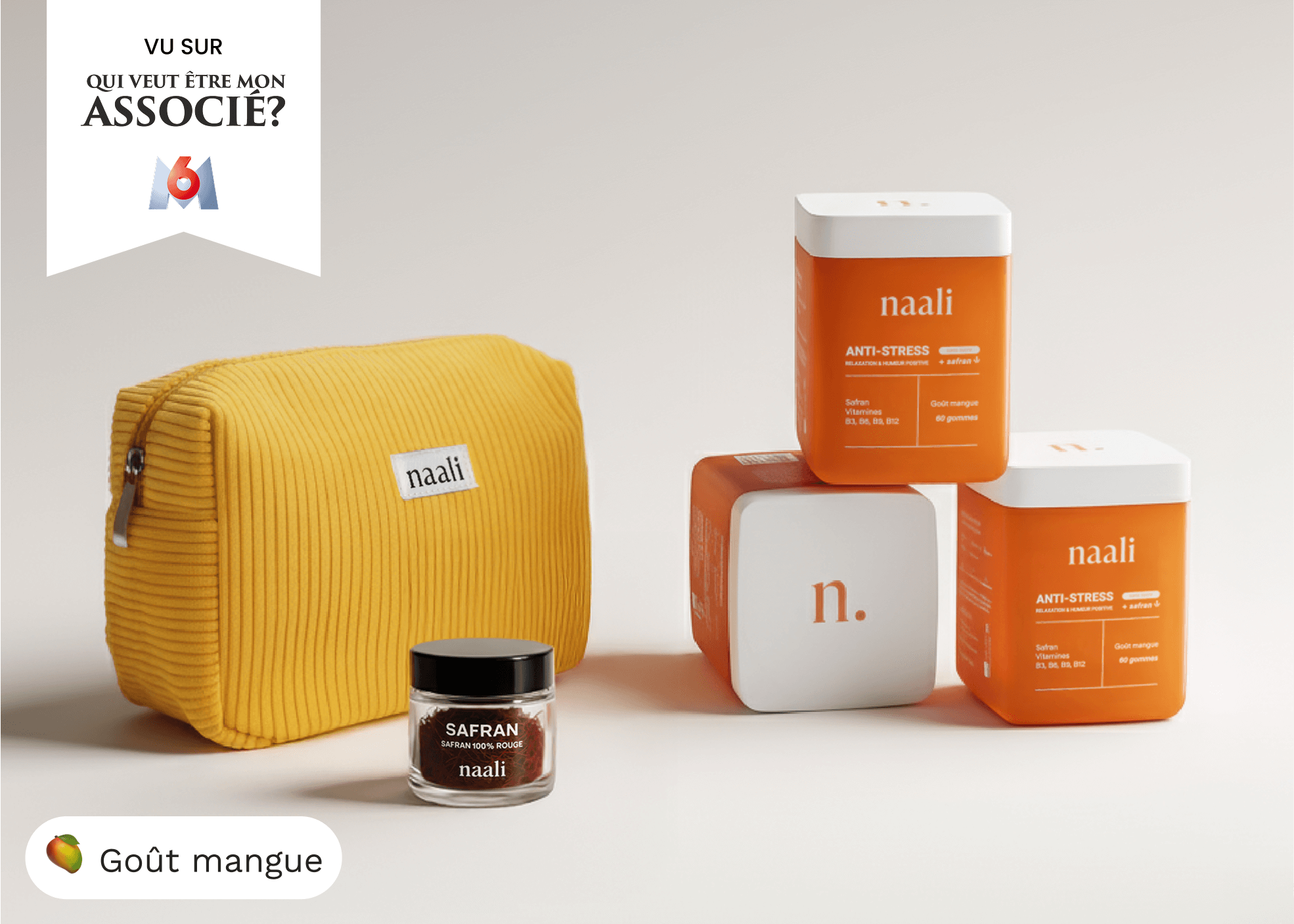 Orange naali products, a yellow bag, and saffron jar on a light background.