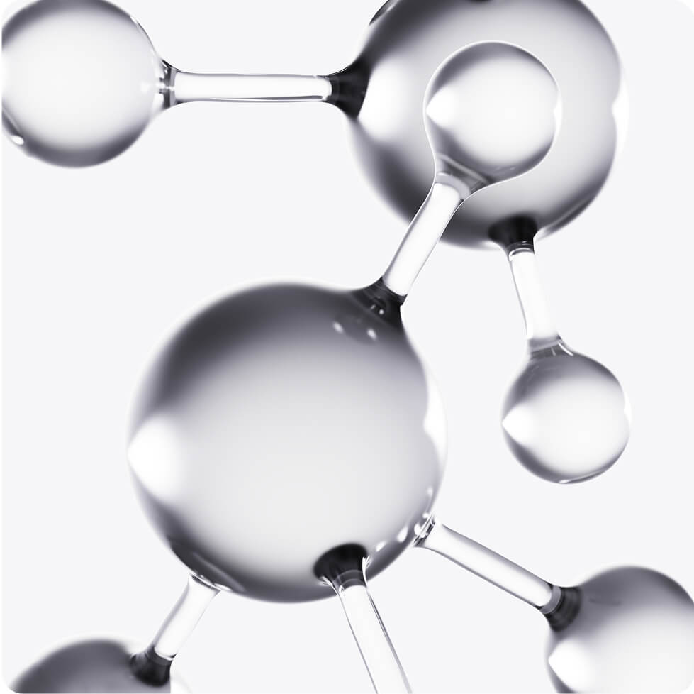 Shiny silver molecular structure with connected spheres on a light background.