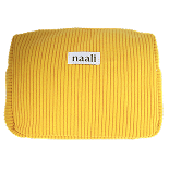 A square, yellow corduroy cushion with a white label that says 'naali' in the center.