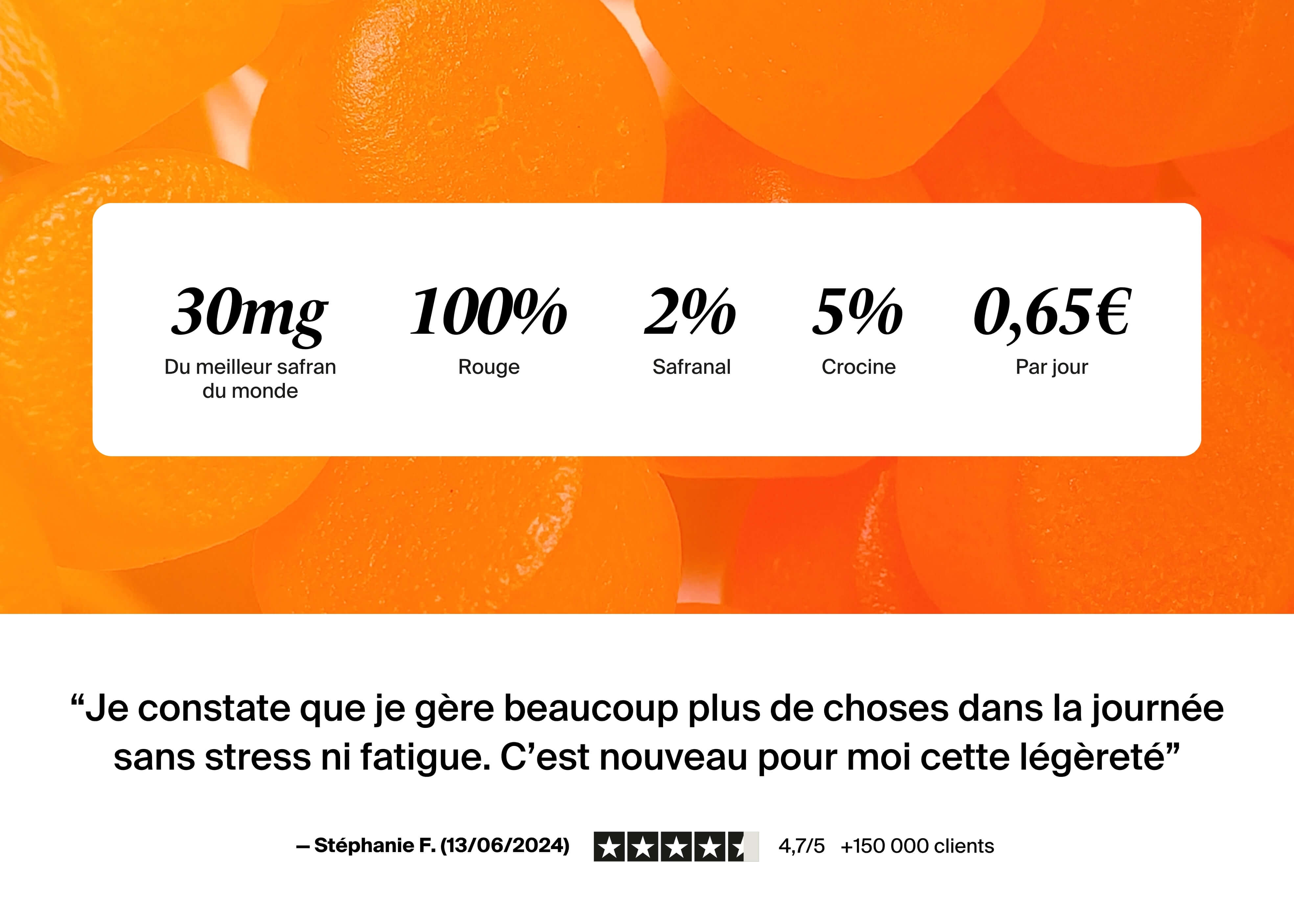 French text on saffron benefits with orange background and testimonial review.
