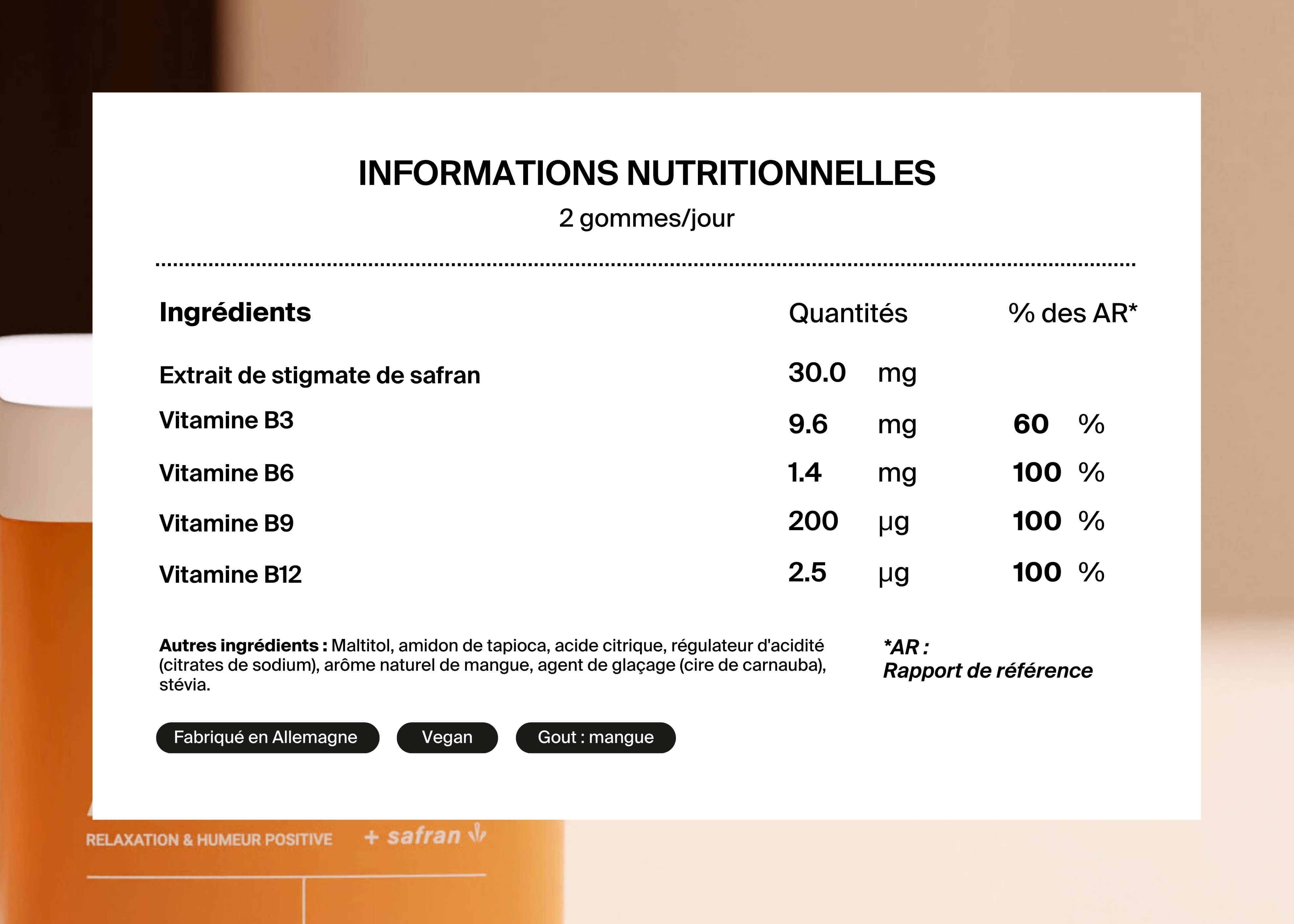 Nutritional information chart with ingredient list and quantities for a supplement.