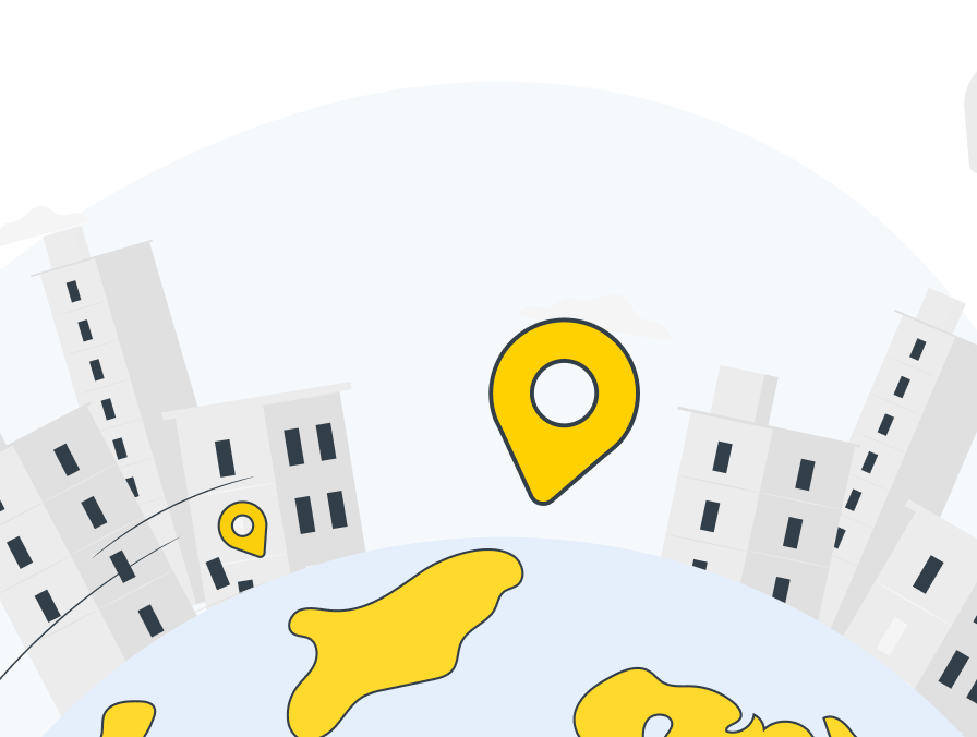 Illustration of buildings and map markers on a globe.