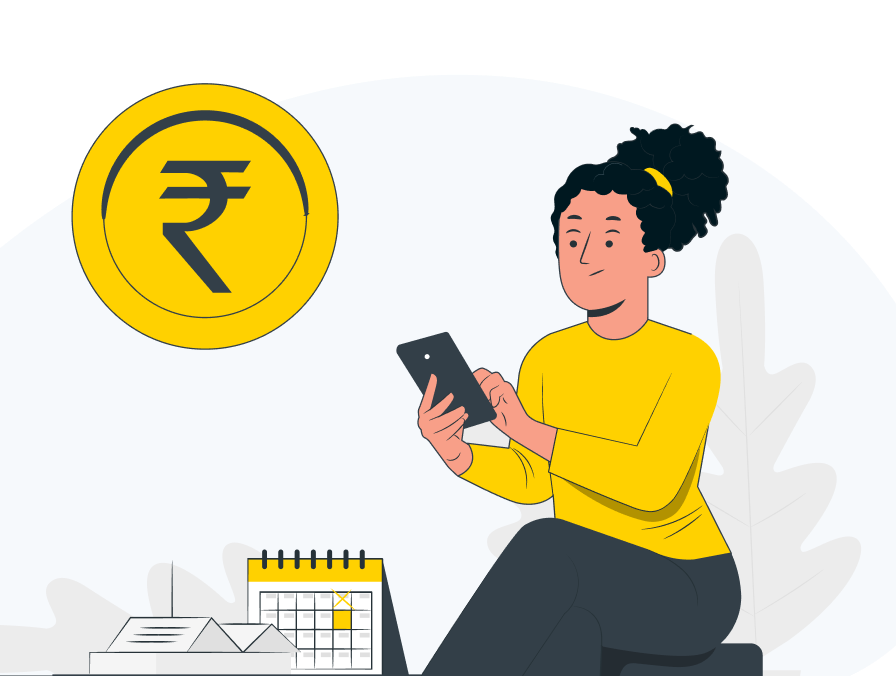 Illustration of a person using a phone with a rupee symbol and calendar.