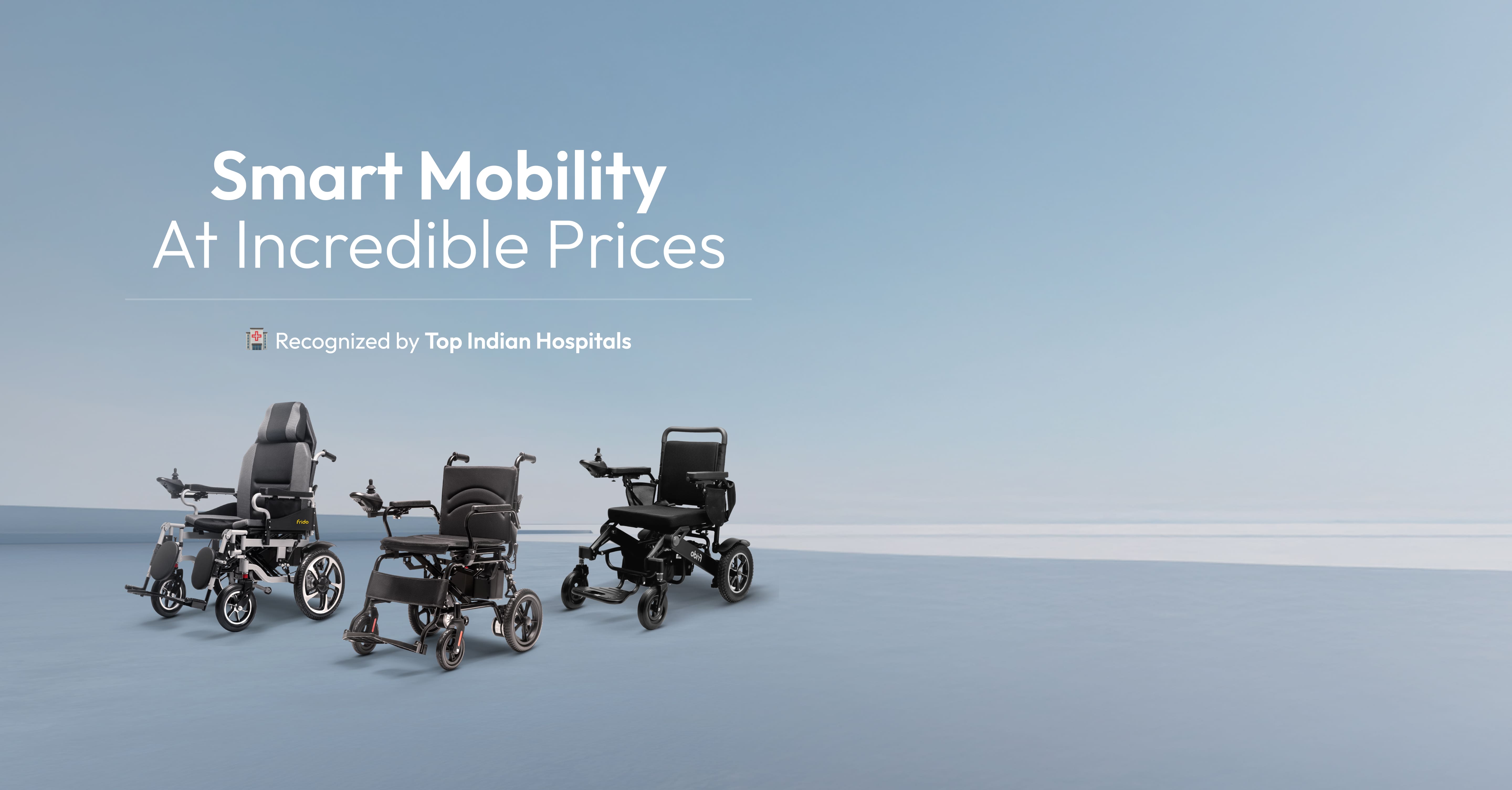 Three electric wheelchairs on a blue background with text about smart mobility.