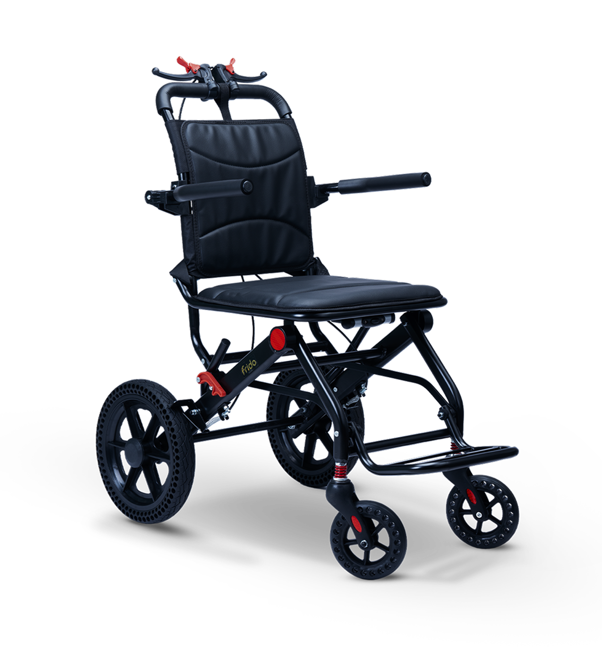 Black foldable wheelchair with red accents on a white background.