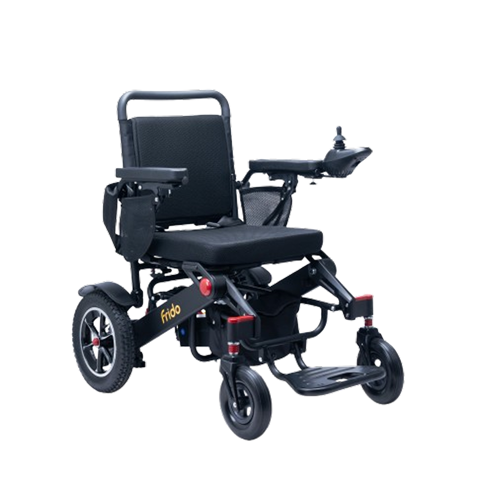 A black, foldable, motorized wheelchair with a joystick controller, shown against a white background.