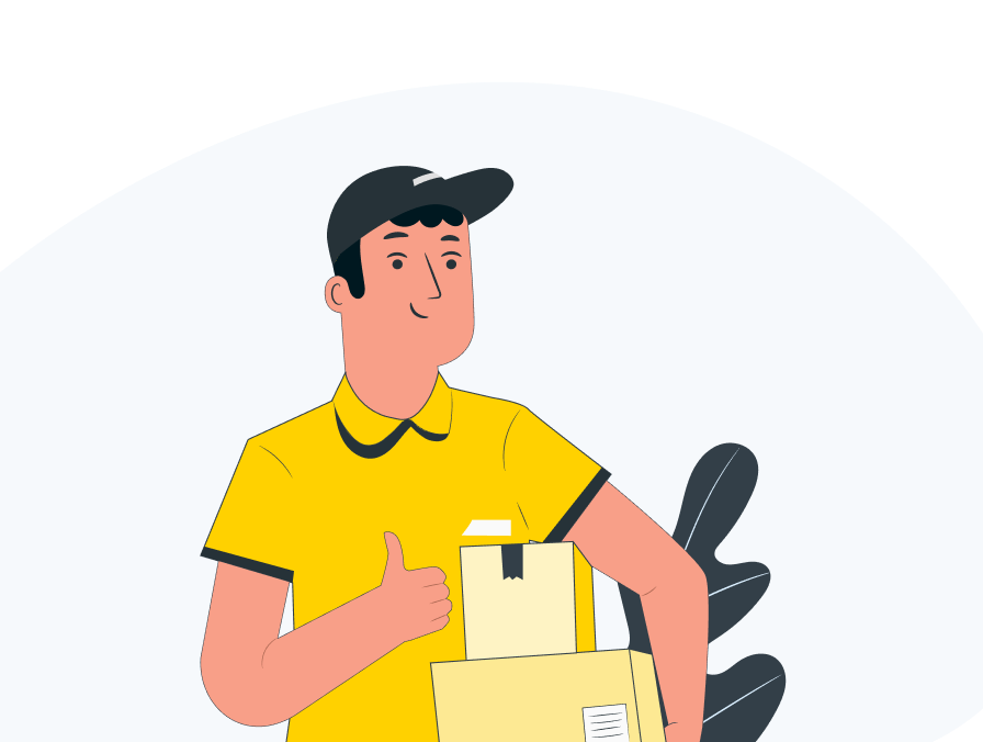 Illustration of a delivery person in yellow uniform holding packages and giving a thumbs up.