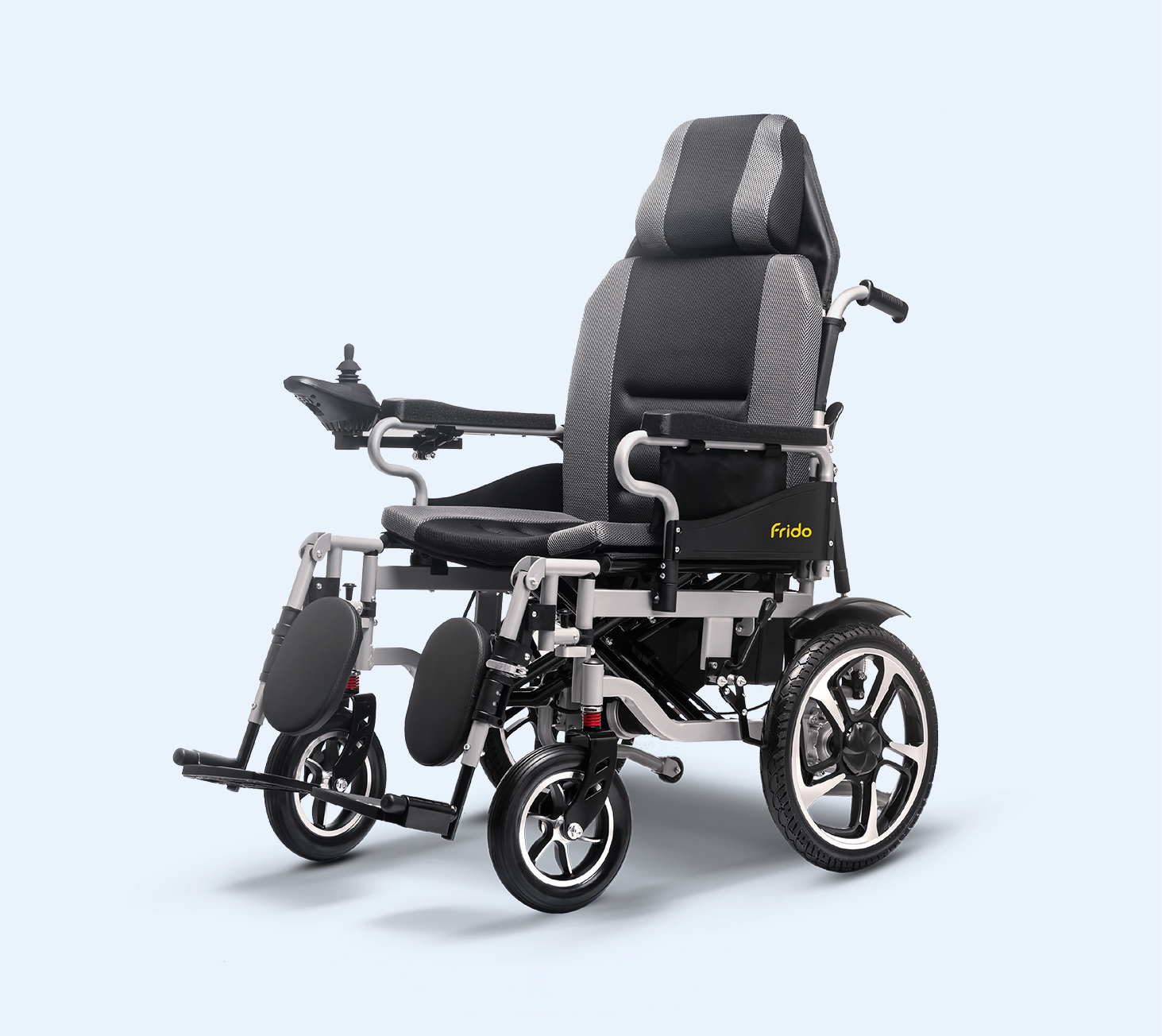 Electric wheelchair with padded seat and armrests on a light blue background.
