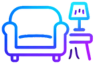 Outline of a couch and lamp in gradient blue and purple.