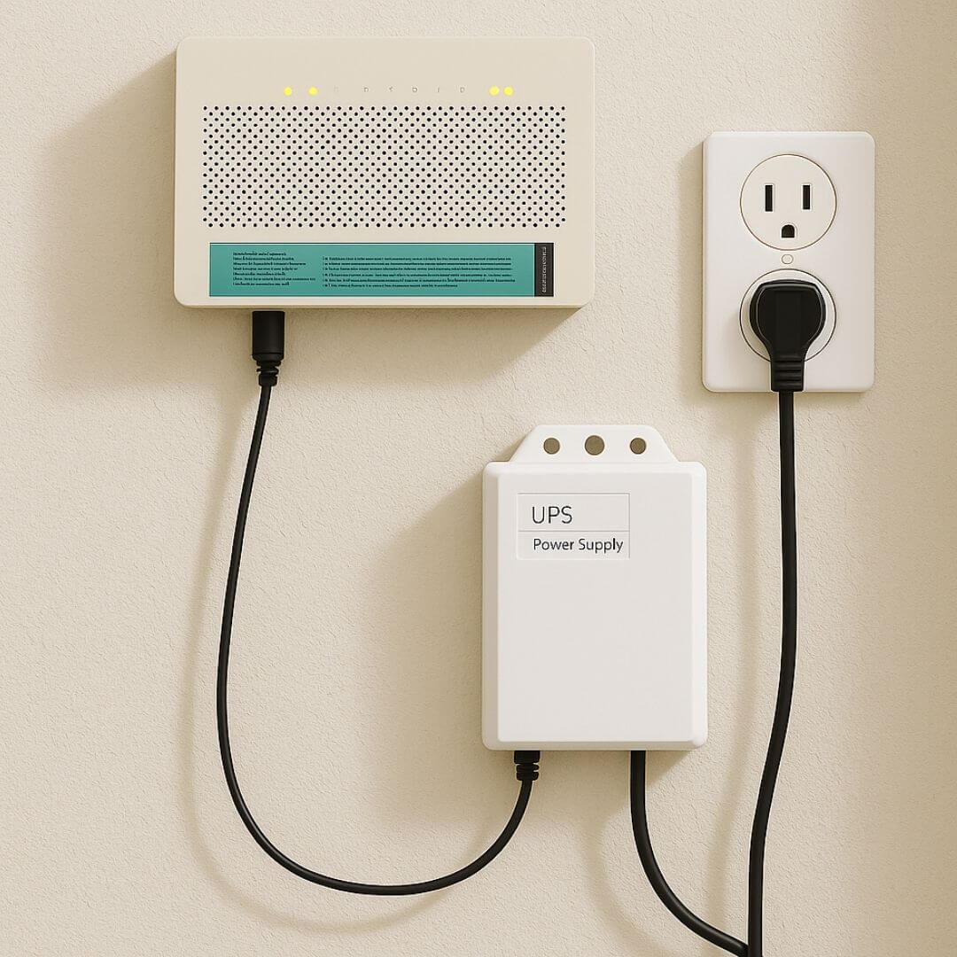 Wall-mounted router and UPS power supply connected to an electrical outlet.