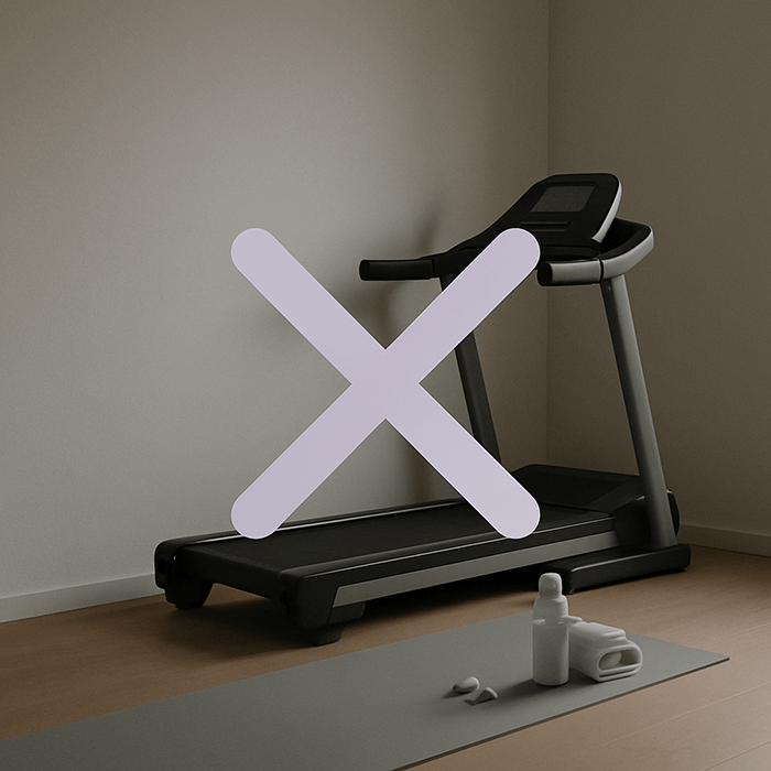 Treadmill in a room with a large X overlay, yoga mat, and water bottle.