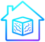 Gradient house icon with a cube inside, in blue and purple hues.