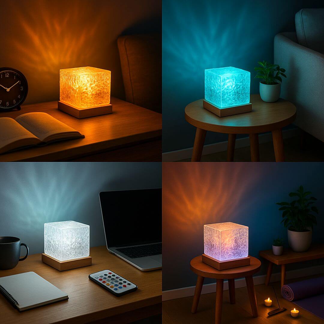 Four cube lamps on tables, each emitting different colored light.