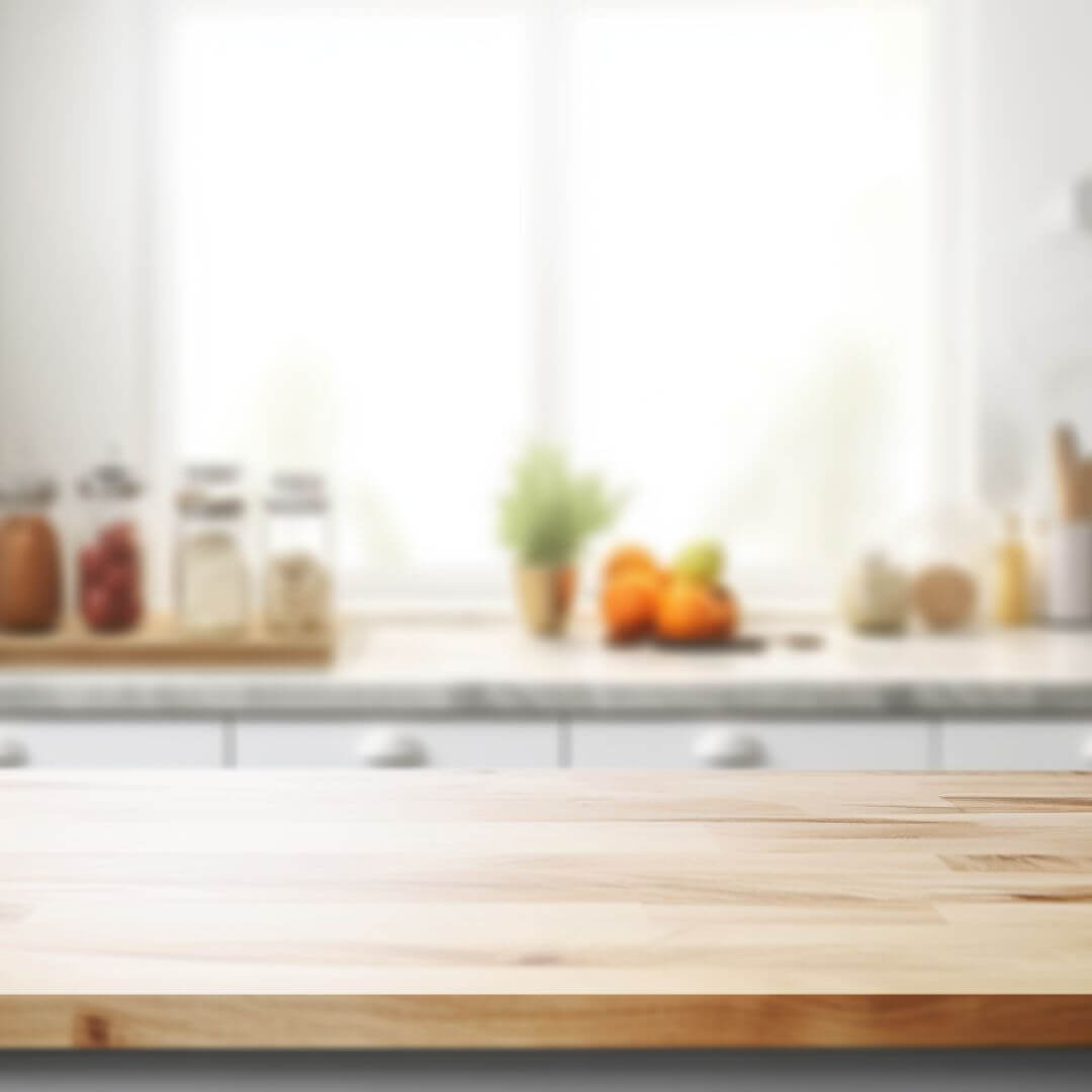 Blurred kitchen counter with jars and fruits in the background.