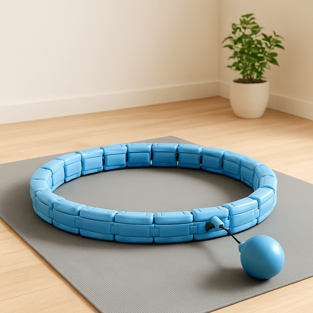 Blue exercise hoop with a ball on a gray mat, plant in the background.