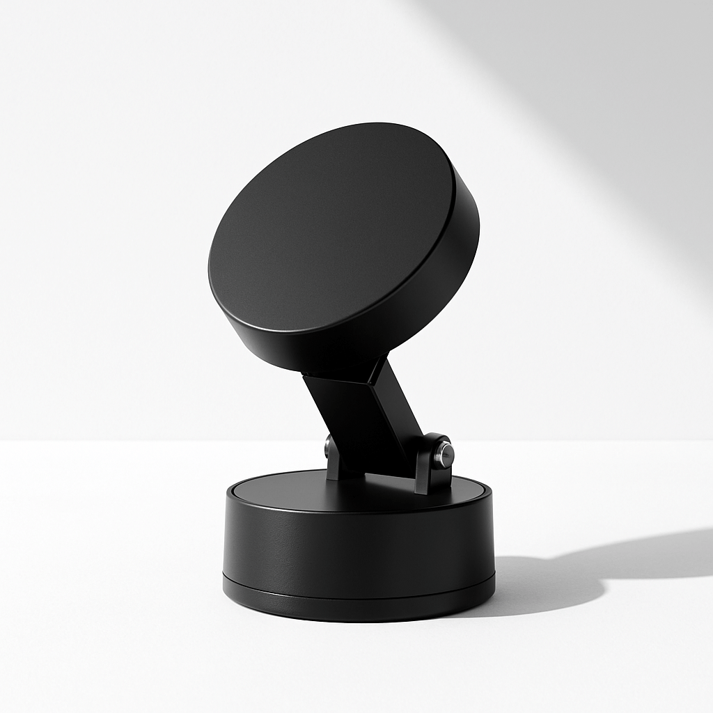 Black, modern, adjustable desk lamp on a white surface.