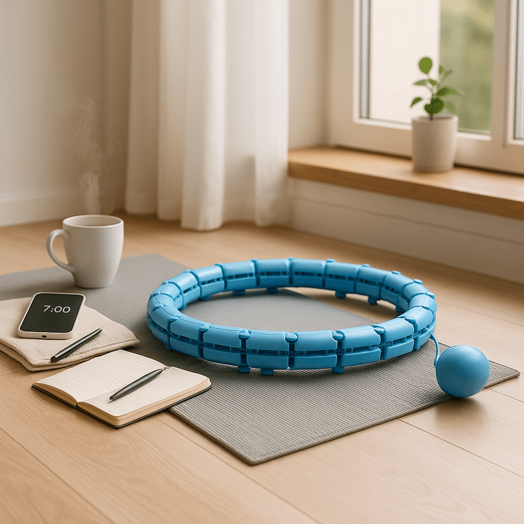Blue exercise hoop on a yoga mat with a notebook, pen, phone, and coffee cup nearby.
