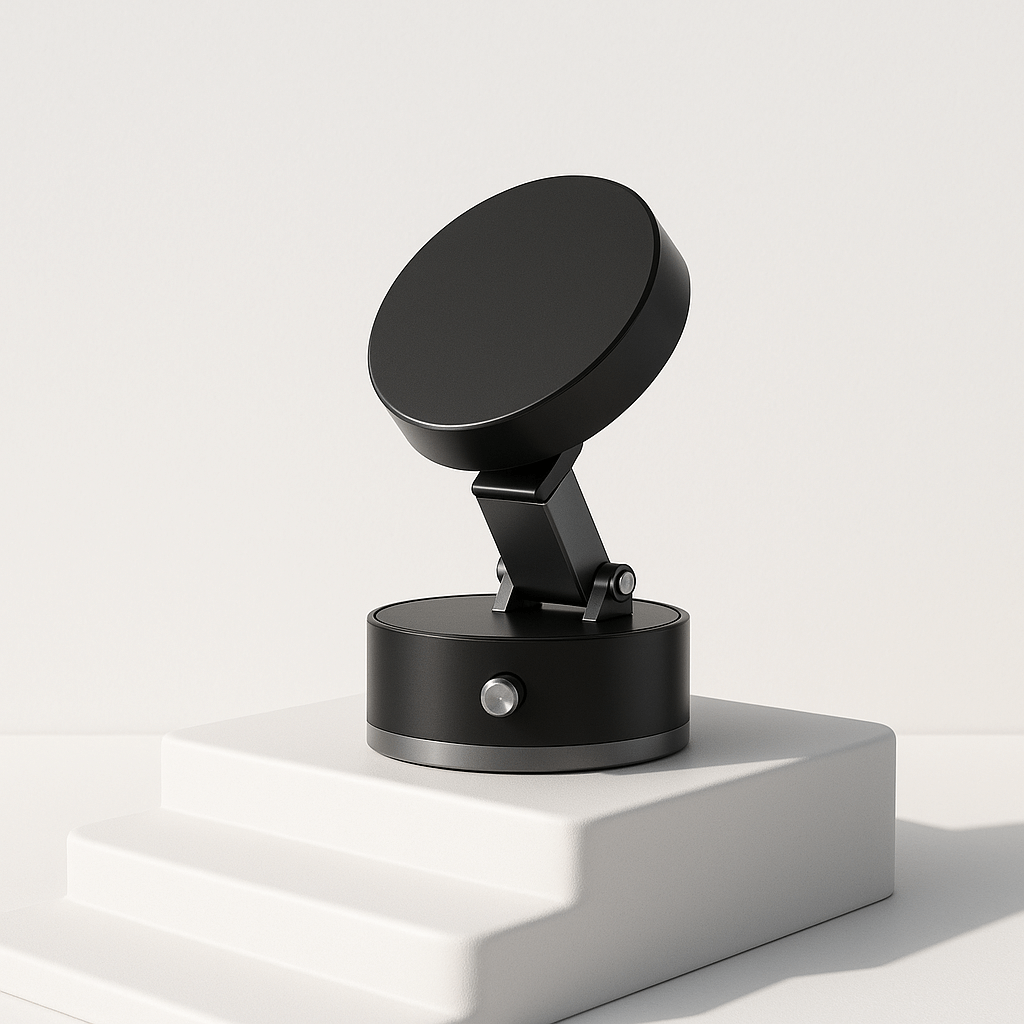 Black adjustable spotlight on a white stepped platform.