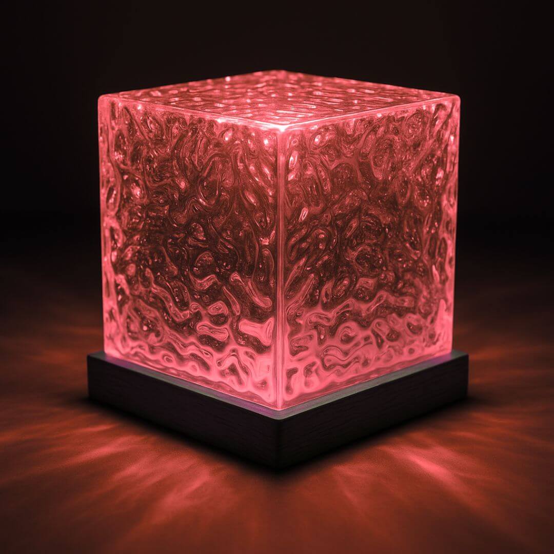 Glowing pink textured cube on a dark base, set against a dark background.