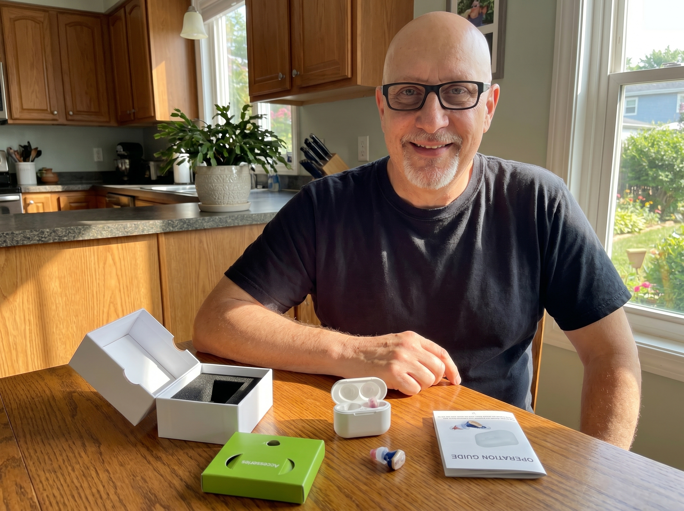 A smiling man sits at a table with the box and contents of a new pair of hearing aids.