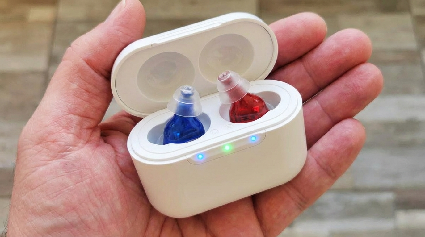 A person's hand holding a white charging case with one red and one blue hearing aid inside.