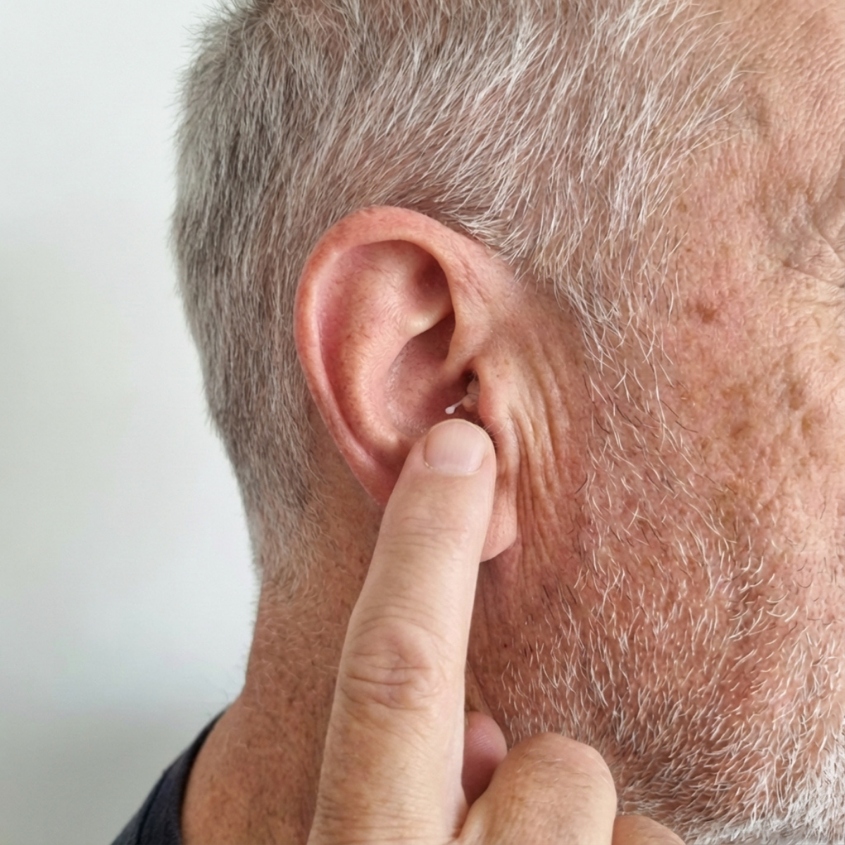 A close-up of a man with gray hair inserting a small, white hearing aid into his ear.