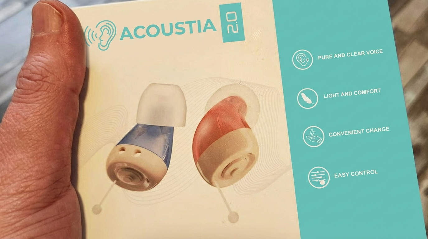 A person's hand holding the box for Acoustia 2.0 hearing aids, showing the product and features.