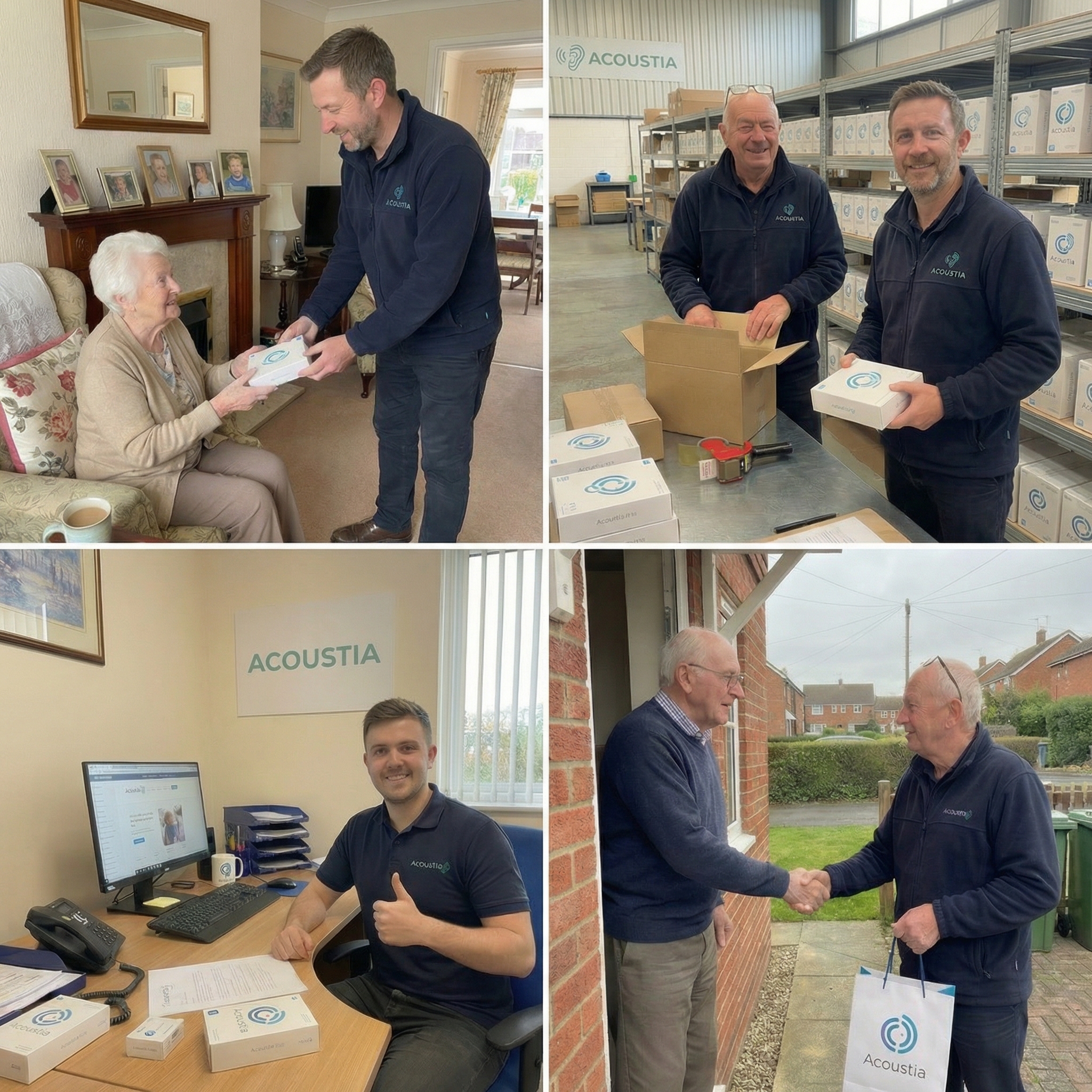 A collage showing Acoustia staff delivering products to customers, in a warehouse, and working in an office.
