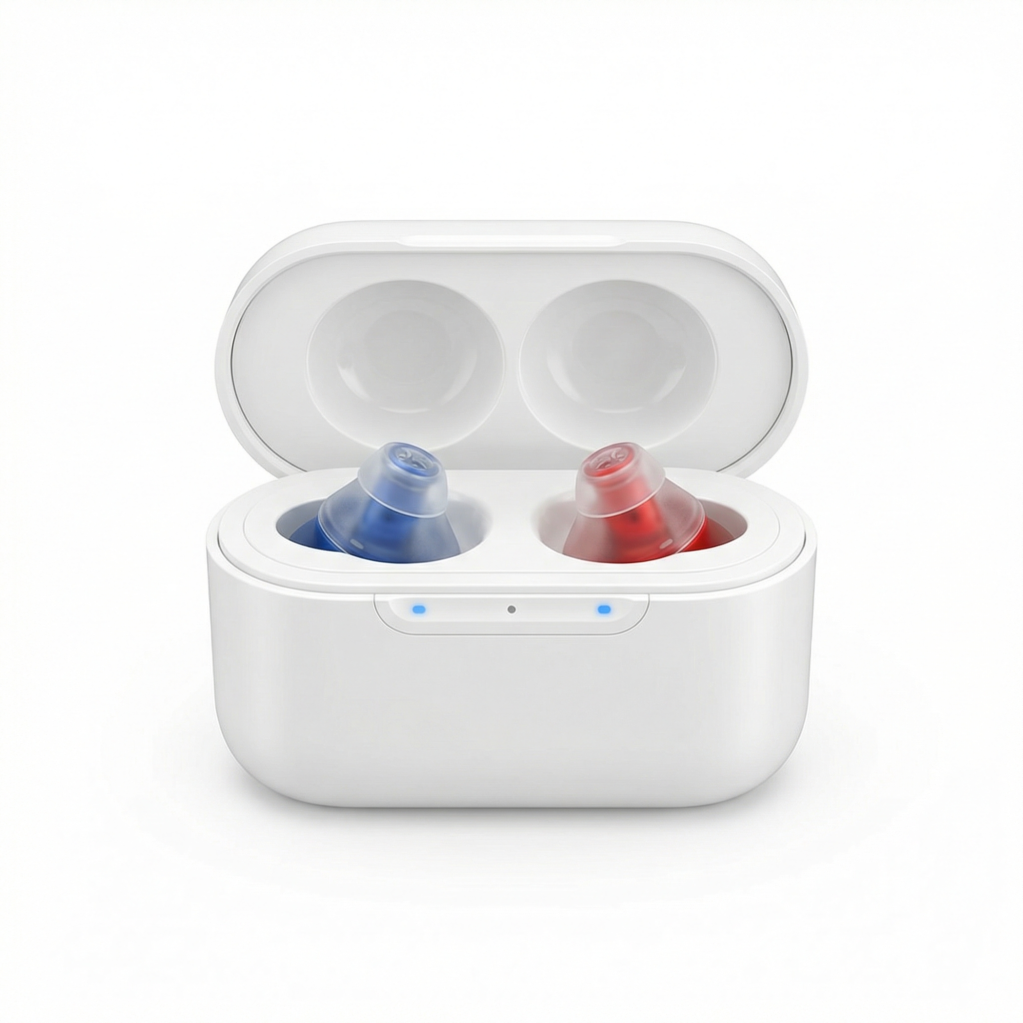 A pair of blue and red in-ear hearing aids sitting inside an open white charging case.