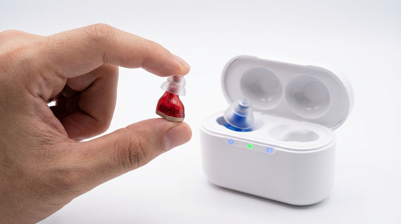 A hand holds a small red hearing aid next to a white charging case with another hearing aid inside.