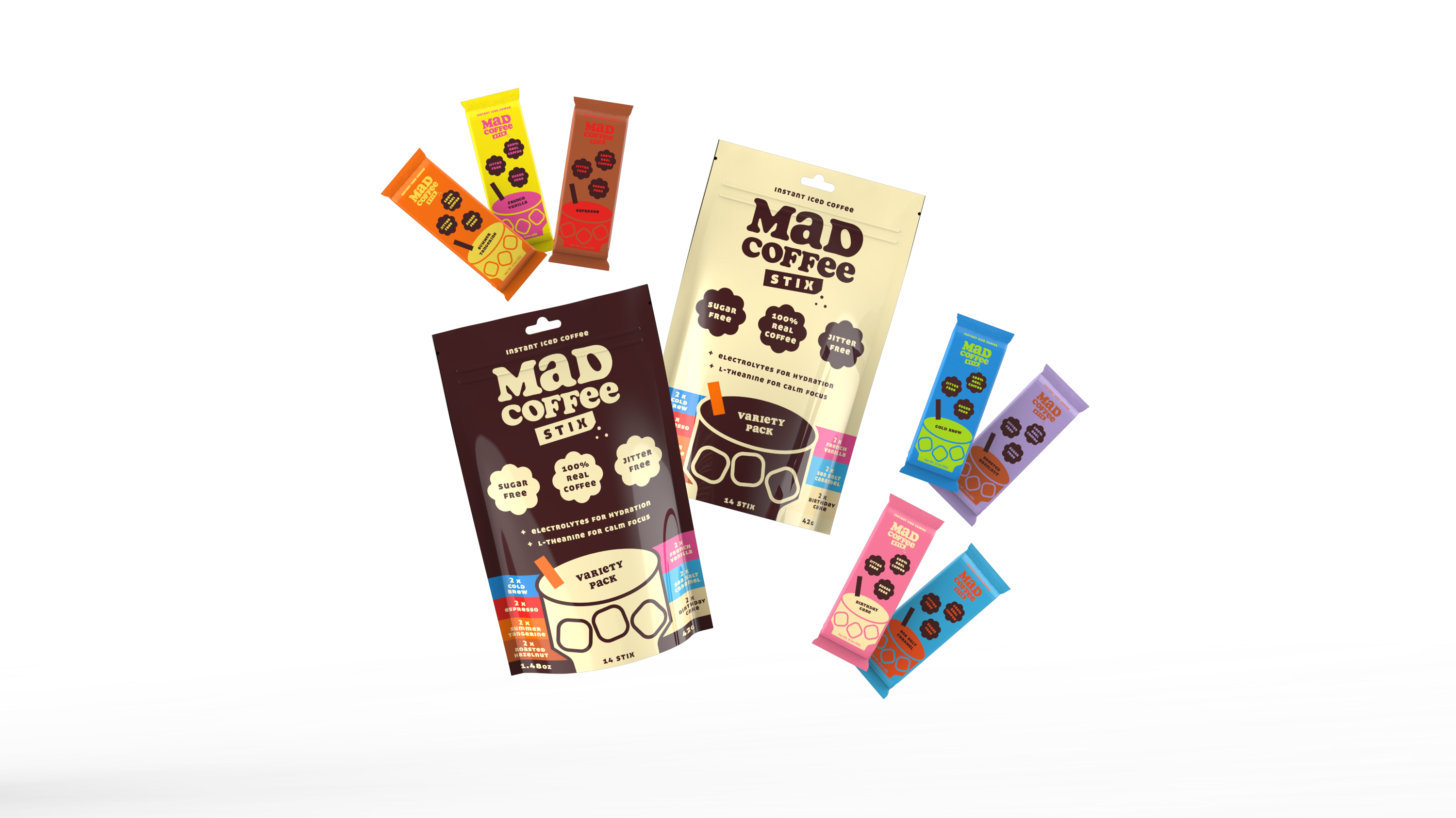 Seven colorful Mad Coffee Stix packages in various flavors.