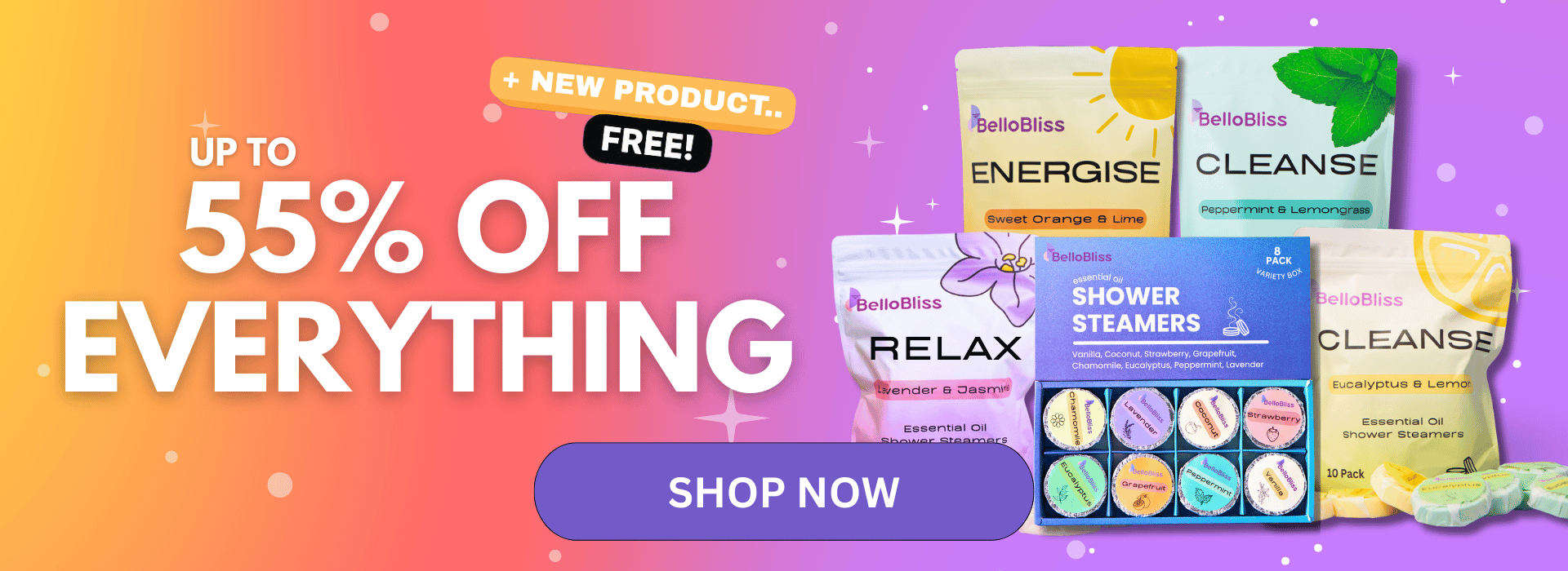 Promotional banner for BelloBliss Shower Steamers, advertising a sale of up to 55% off everything.