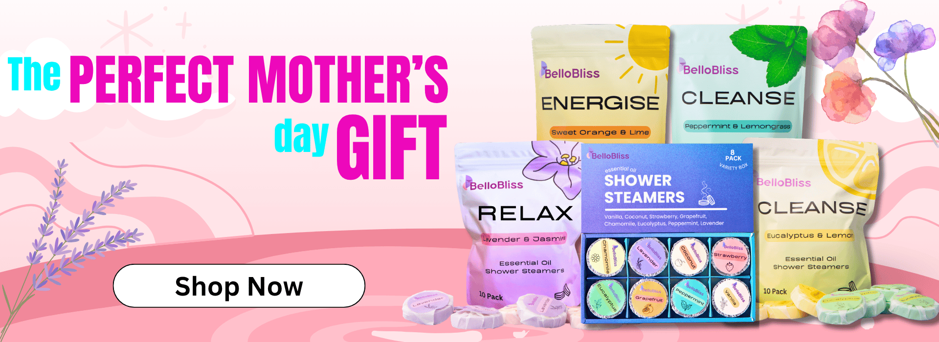 An ad for BelloBliss shower steamers, showing various packages, promoted as a Mother's Day gift.