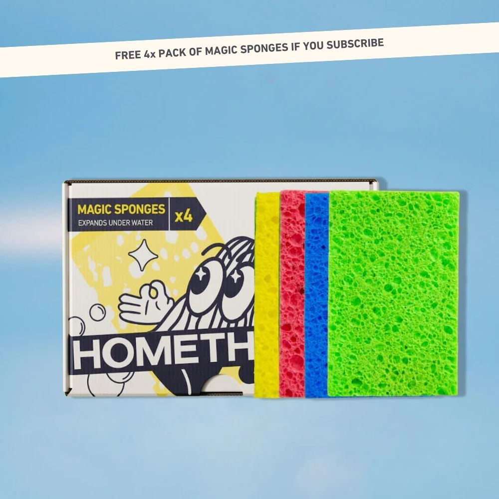 Four colorful sponges beside a package labeled 'Magic Sponges,' against a blue background.
