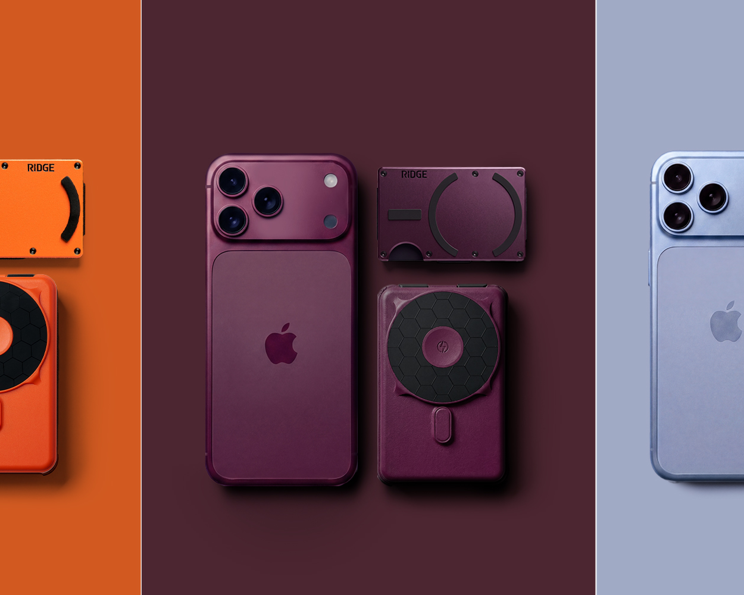 A flat lay of iPhones and Ridge wallets in orange, maroon, and light blue colorways.