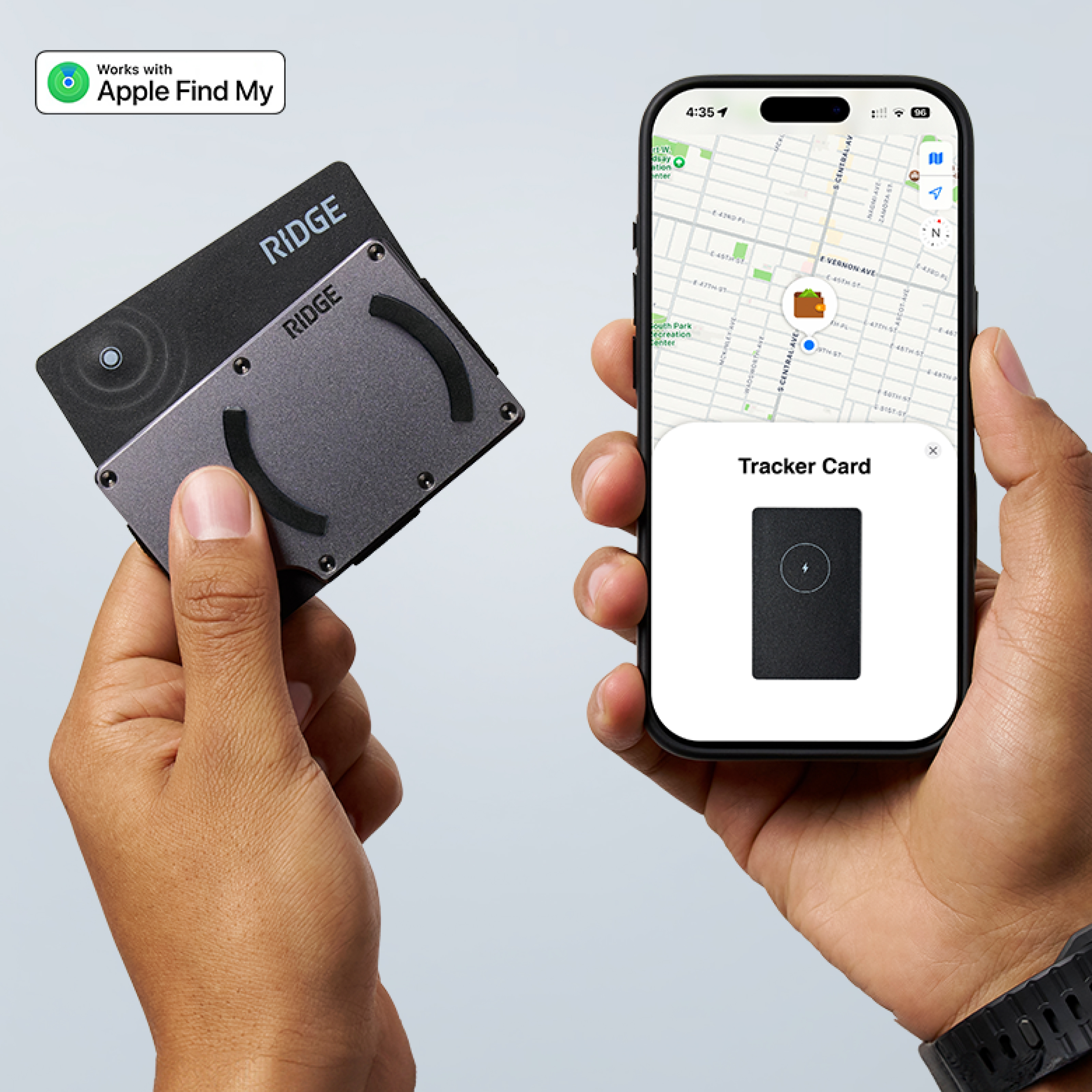 A person holds a Ridge wallet with a tracker card and an iPhone showing its location.