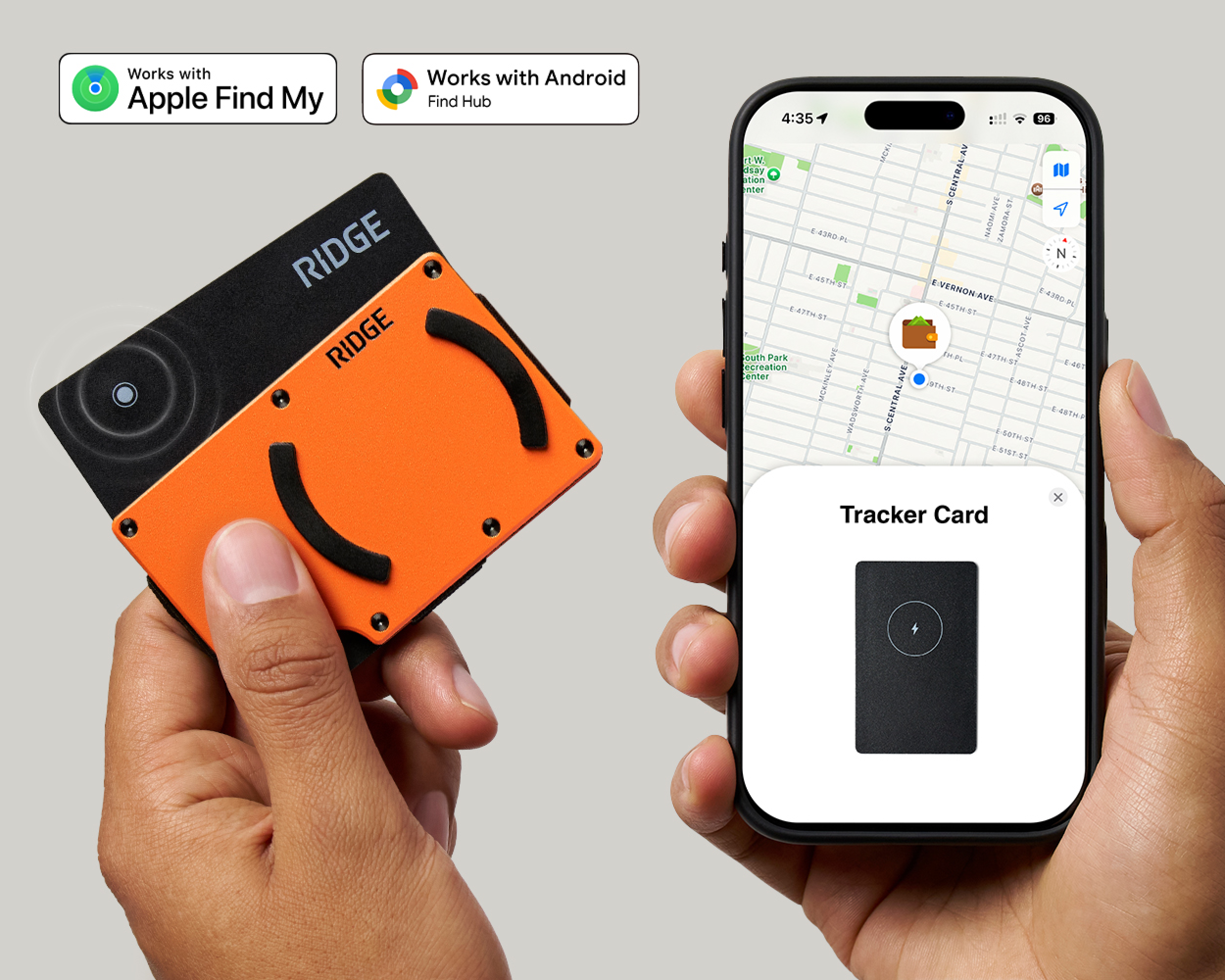 A hand holds an orange Ridge wallet while another hand holds a phone tracking the wallet's location.