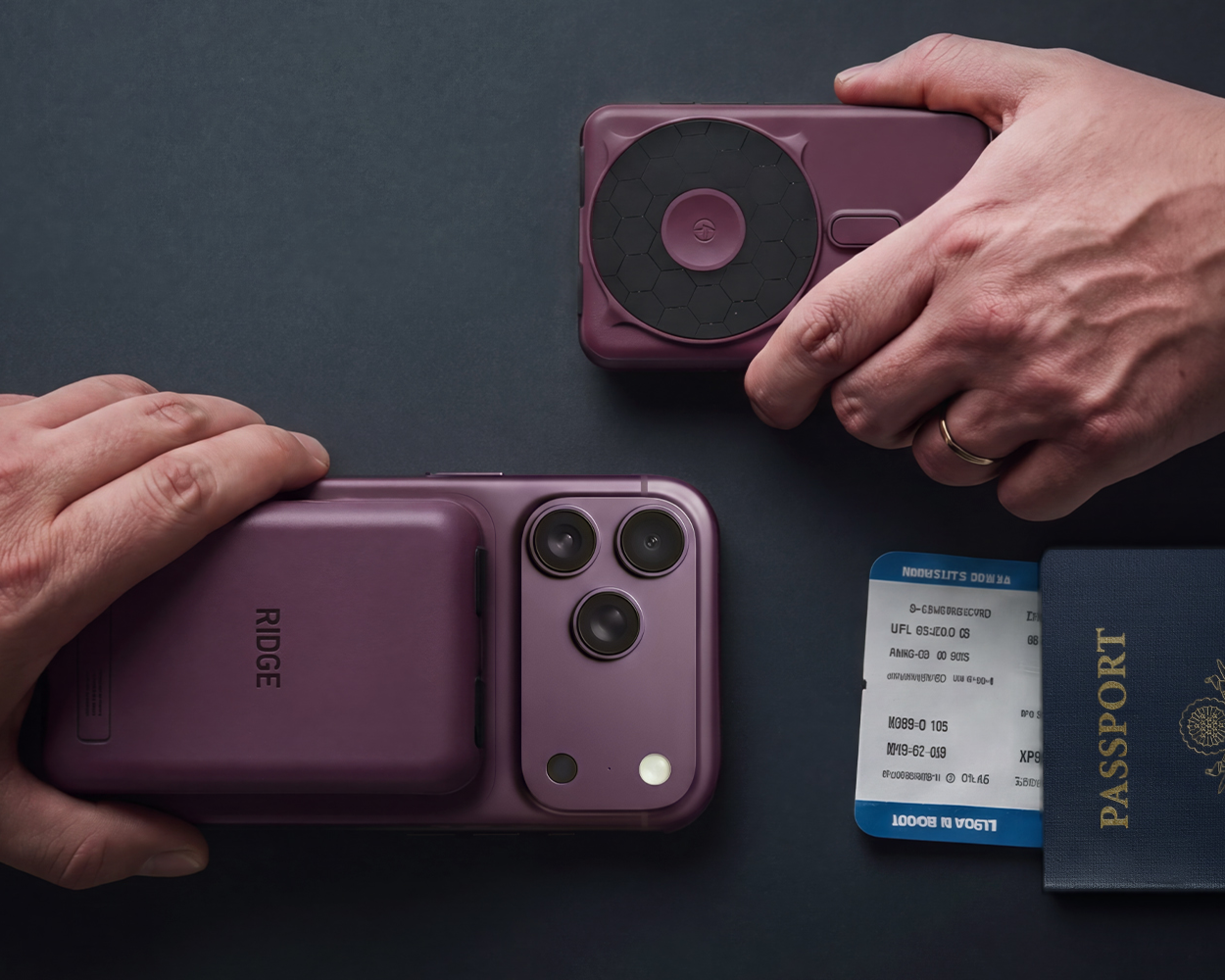 Hands hold two purple phone accessories next to a passport and boarding pass on a dark surface.