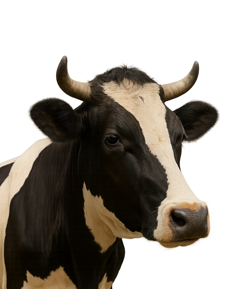 Close-up of a black and white cow with horns.