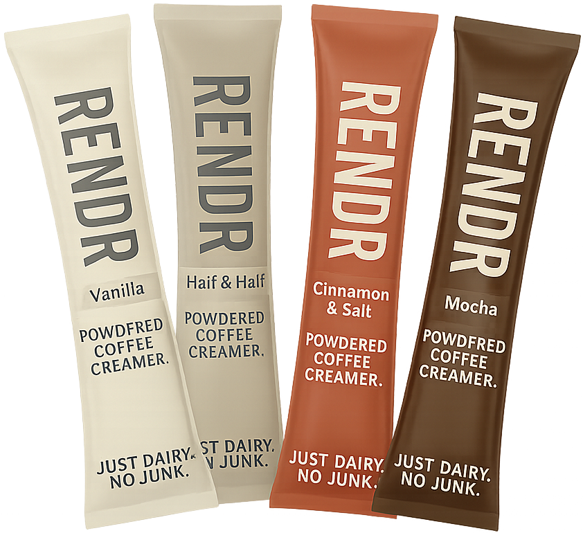 Four RENDR powdered coffee creamer packets in different flavors.